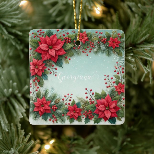 Adorno De Cerámica Nombre personalizado Navidades acuarela floral Poi (Árbol)