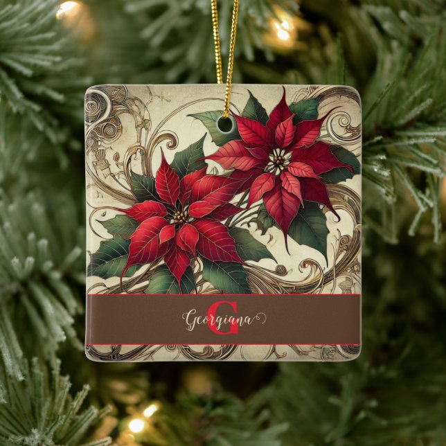 Adorno De Cerámica Nombre personalizado Navidades Art Nouveau Poinset (Árbol)