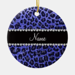 Adorno De Cerámica Nombre personalizado neón azul purpurina leopardo 