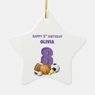 Adorno De Cerámica Nombre personalizado niña 8 cumpleaños pelotas de