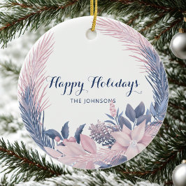 Adorno De Cerámica Nombre personalizado Pastel Wreath Happy Holidays