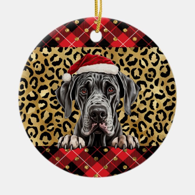 Adorno De Cerámica Nombre personalizado Perro grande danés Santa hat  (Frente)