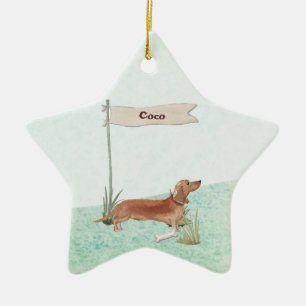 Adorno De Cerámica Nombre personalizado perro salchicha marrón mascot