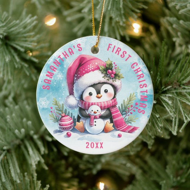 Adorno De Cerámica Nombre personalizado Pingüino lindo Primera Navida (Árbol)
