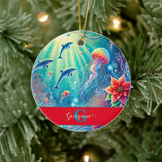 Adorno De Cerámica Nombre personalizado Poinsettia de arrecife floral (Árbol)