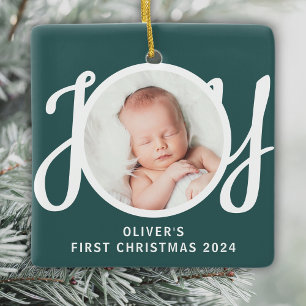 Adorno De Cerámica Nombre personalizado Primera Navidad Foto Verde Re