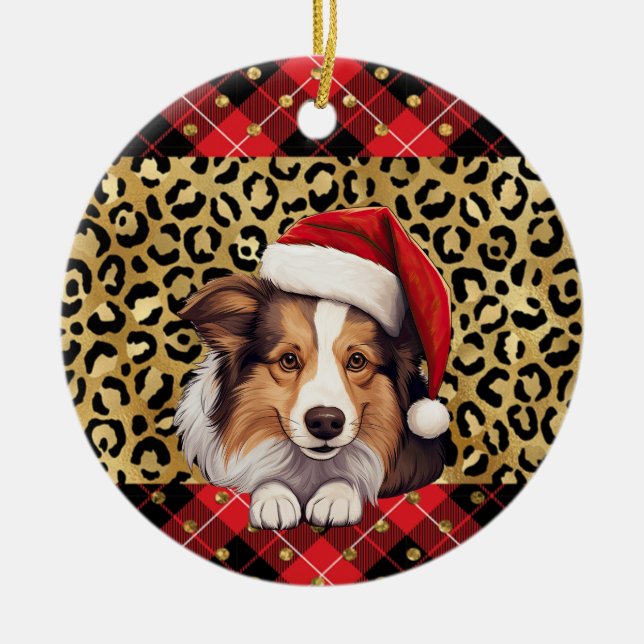 Adorno De Cerámica Nombre personalizado Shetland Sheepdog Santa hat B (Frente)