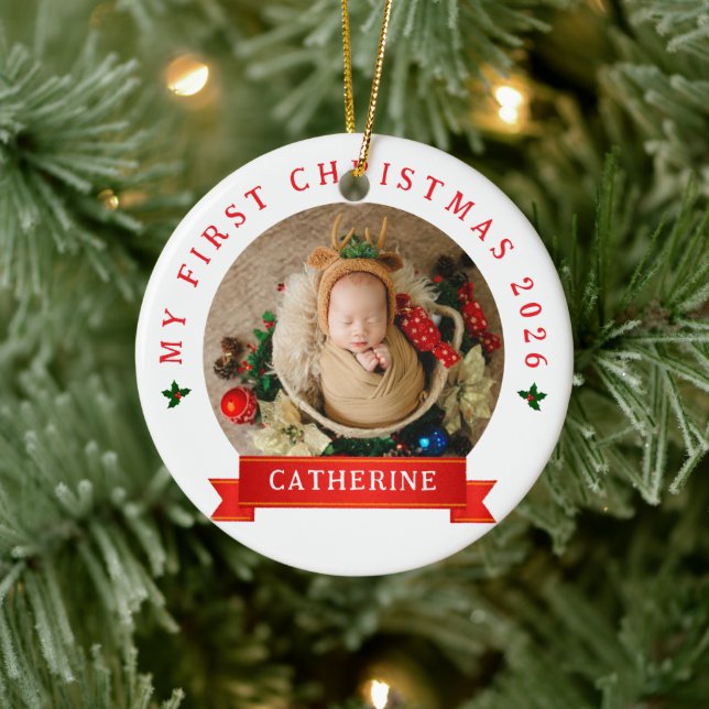 Adorno De Cerámica Nombre personalizado simple del bebé para Navidad (Árbol)