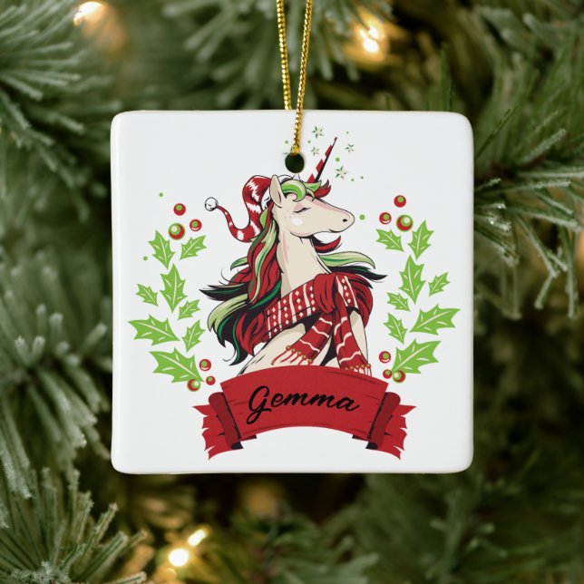 Adorno De Cerámica Nombre personalizado Unicorn Navidades (Árbol)