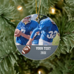 Adorno De Cerámica Nombre y número de la foto del fútbol del personal<br><div class="desc">Añade la foto,  nombre y número de tu jugador a este diseño de personalizado. Hace un gran regalo de fin de temporada para celebrar todo su trabajo duro y dedicación. Este adorno tiene dos caras y toma dos fotos.</div>