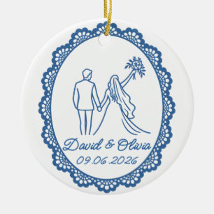 Adorno De Cerámica Nombres de novios y fecha de boda Arte de línea