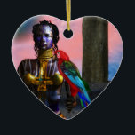 Adorno De Cerámica NORA CYBER WARRIOR Y MACAW Science Fiction Heart<br><div class="desc">Belleza tatuada negra con elegantes joyas doradas con su colorido loro rojo,  bajo el cielo cósmico rosa con planetas azules. Marco artístico de animación de la película de animación de Hyperion World 3d de ciencia ficción .</div>