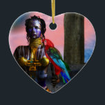 Adorno De Cerámica NORA CYBER WARRIOR Y MACAW Science Fiction Heart<br><div class="desc">Belleza tatuada negra con elegantes joyas doradas con su colorido loro rojo,  bajo el cielo cósmico rosa con planetas azules. Marco artístico de animación de la película de animación de Hyperion World 3d de ciencia ficción .</div>