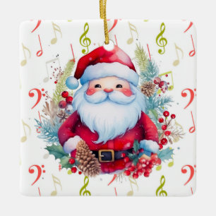 Adorno De Cerámica Notas de la música verde roja y Santa Claus