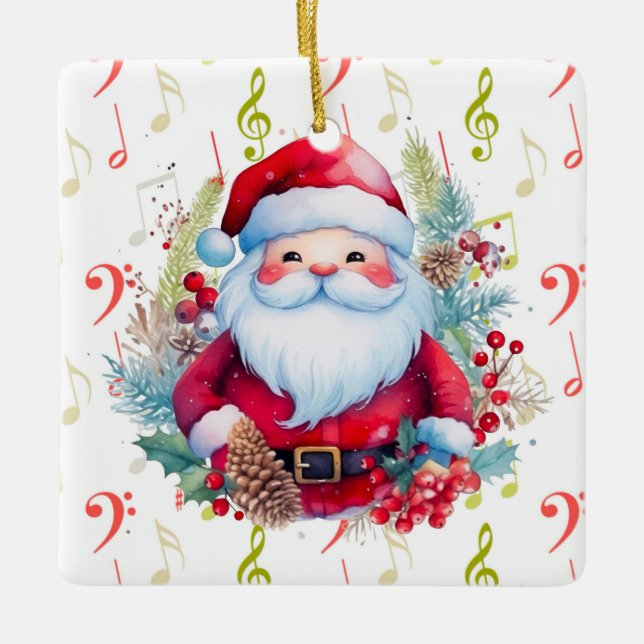 Adorno De Cerámica Notas de la música verde roja y Santa Claus (Anverso)
