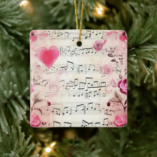 Adorno De Cerámica Notas musicales y Rosas Diseño vintage