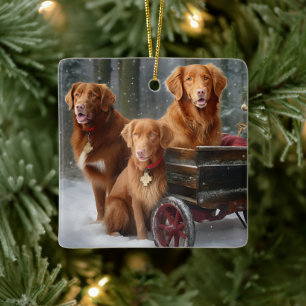 Adorno De Cerámica Nova Scotia Duck Toller Retriever Trineo Nevado