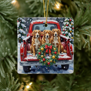 Adorno De Cerámica Nova Scotia Duck Tolling Retriever Navidad Rojo