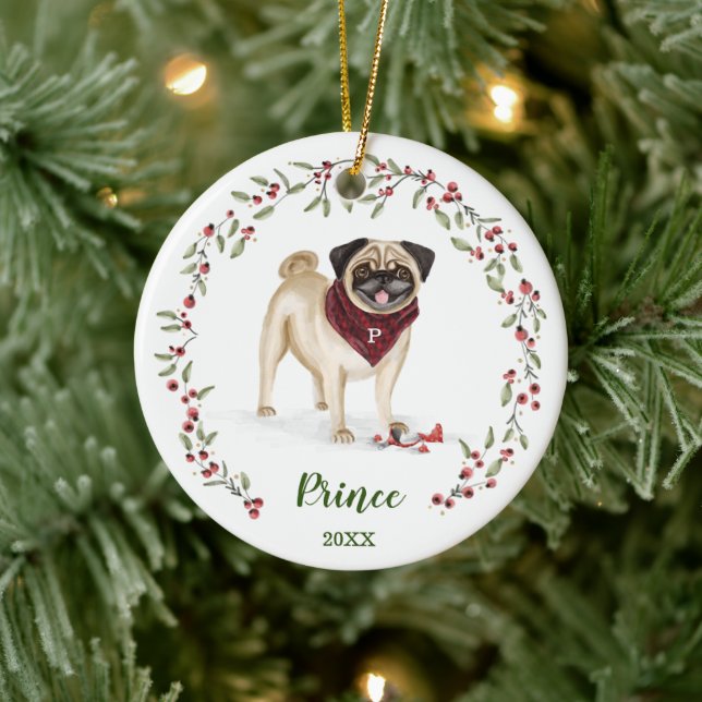 Adorno De Cerámica Ntrina acuarela Pug Dog Photo Memory (Árbol)