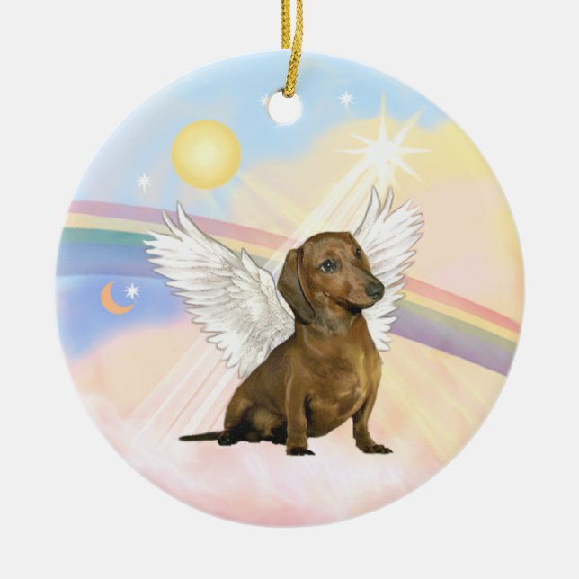 Adorno De Cerámica Nubes - Ángel Dachshund (marrón) (Frente)