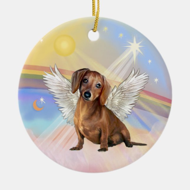 Adorno De Cerámica Nubes - Ángel Dachshund (marrón / rojo) (Frente)