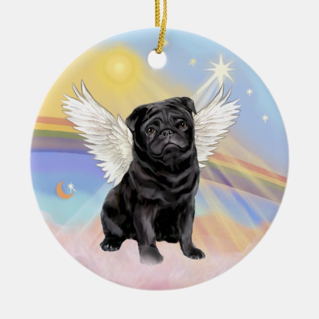 Adorno De Cerámica Nubes - Ángel de Pug Negro (Frente)