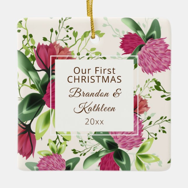 Adorno De Cerámica Nuestra primera flor de encamado verde rosado de N (Anverso)