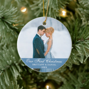 Adorno De Cerámica Nuestra primera foto de la pareja azul de Navidad