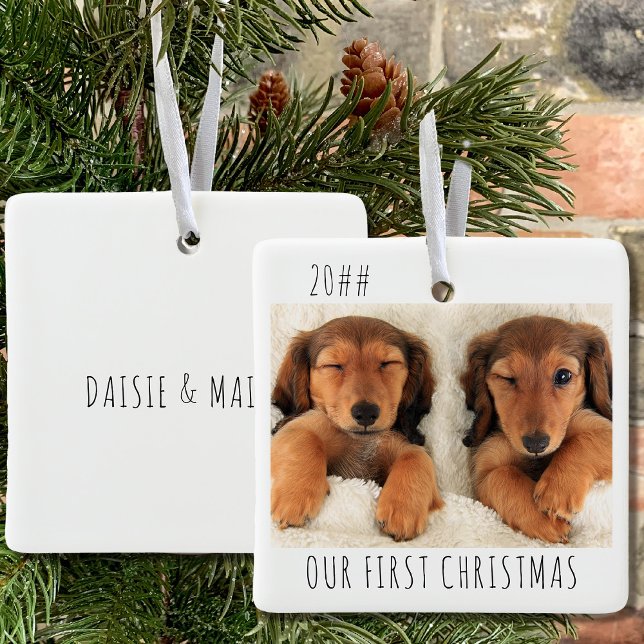 Adorno De Cerámica Nuestra primera foto paisajística de perros de cac (Puppy first christmas keepsake ornament with 2 photos and name(s) on the back)
