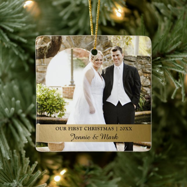Adorno De Cerámica Nuestra primera Navidad, Boda de oro foto Keepsake (Árbol)
