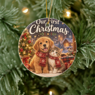 Adorno De Cerámica Nuestra primera Navidad cachorro y gatito