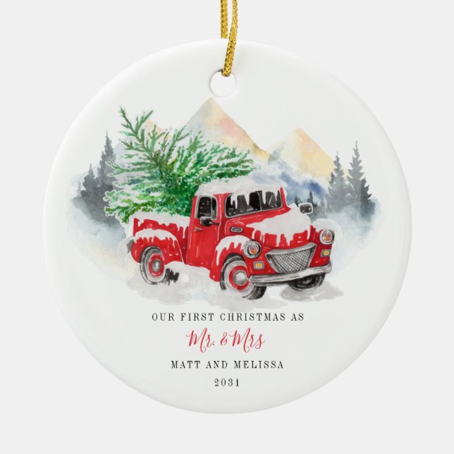 Adorno De Cerámica Nuestra primera Navidad casada como Sr. y Sra. Red (Frente)