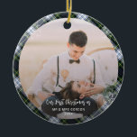 Adorno De Cerámica Nuestra primera Navidad casada con dos fotos de Go<br><div class="desc">Aprecie la magia de su primera Navidad junto con nuestro ornamento de fotos personalizado, diseñado para usted! Capturando perfectamente tus atesorados recuerdos, este elegante adorno se convierte en un hervidero, recordándote ese año especial que empezaste a celebrar las festividades en pareja. Con su diseño atemporal y un toque de flamante...</div>