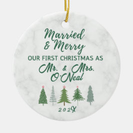 Adorno De Cerámica Nuestra primera Navidad casada y morada