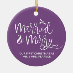 Adorno De Cerámica Nuestra primera Navidad, casada y morada, morada