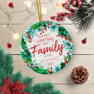 Adorno De Cerámica Nuestra primera Navidad como familia de tres rústi