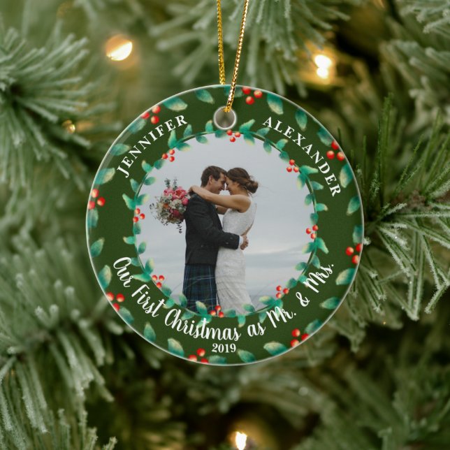 Adorno De Cerámica Nuestra primera navidad como foto de Mr. y Mrs. (Árbol)