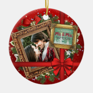 Adorno De Cerámica Nuestra primera Navidad como Mr. & Mrs. Gold Frame