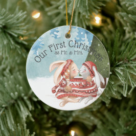 Adorno De Cerámica Nuestra primera Navidad dos conejos conejitos en n
