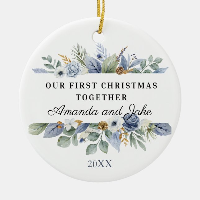 Adorno De Cerámica Nuestra Primera Navidad Juntos Acuarela Verde (Frente)
