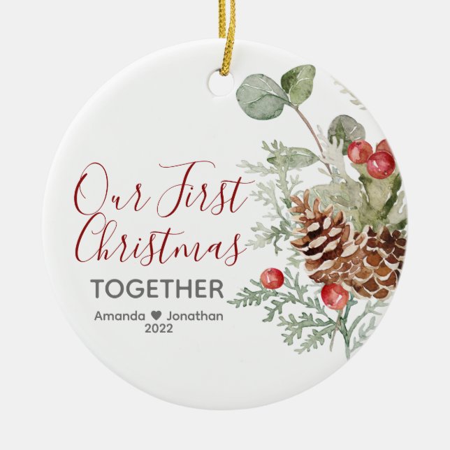 Adorno De Cerámica Nuestra primera Navidad juntos Navidades Floral (Frente)