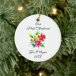 Adorno De Cerámica Nuestra primera Navidad juntos personalizada<br><div class="desc">Añade tus nombres y el año a este adorable adorno de Navidad personalizado,  "Nuestra primera Navidad",  con flores acuarelas de bonito.</div>