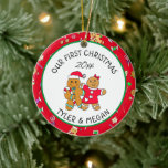 Adorno De Cerámica Nuestra primera Navidad juntos personalizada<br><div class="desc">Añade tus nombres y el año a este adorable adorno de Navidad personalizado,  "Nuestra Primera Navidad" con una linda pareja de pan de jengibre.</div>