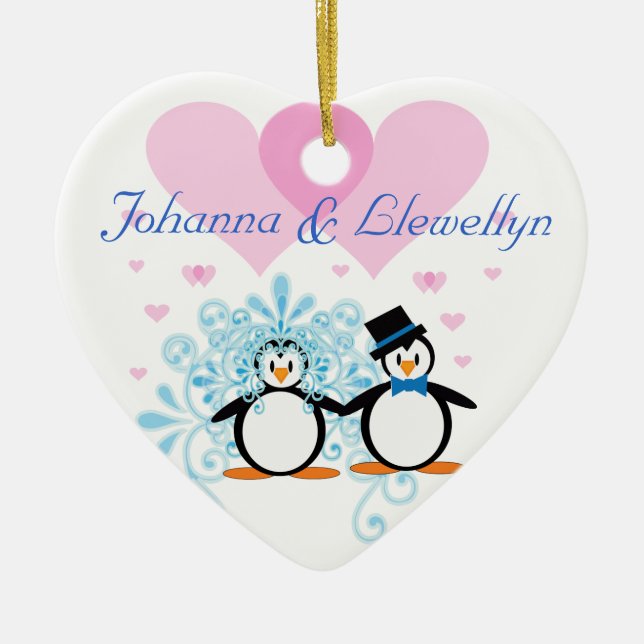 Adorno De Cerámica Nuestra primera Navidad juntos, pingüinos (Frente)