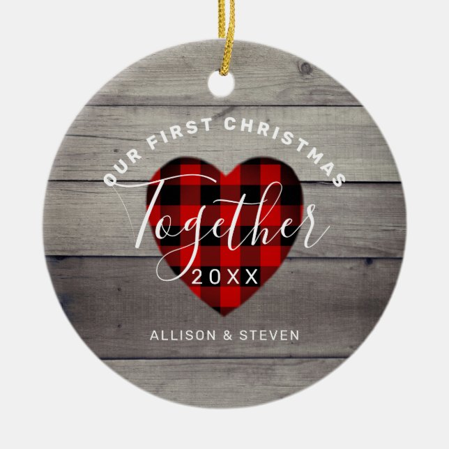 Adorno De Cerámica Nuestra primera Navidad juntos, Rustic Personaliza (Frente)