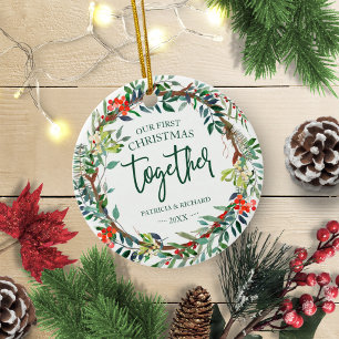Adorno De Cerámica Nuestra primera Navidad juntos Rustic Wreath Cerám