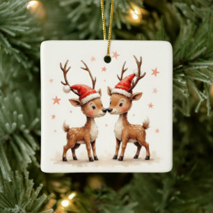 Adorno De Cerámica Nuestra primera Navidad Lindos renos con sombreros