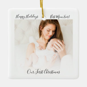 Adorno De Cerámica Nuestra primera Navidad Mamá y bebé Foto Rústica