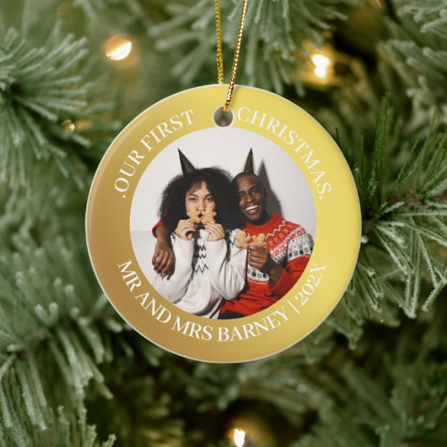 Adorno De Cerámica Nuestra primera Navidad Mr. y Mrs Gold Modern Phot (Árbol)