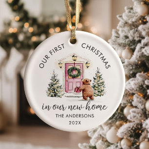 Adorno De Cerámica Nuestra primera Navidad nueva casa puerta rosa
